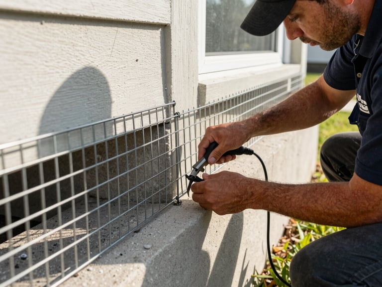 A technician in a branded uniform installing a durable steel mesh barrier along the concrete foundation of a Cape Coral home, high-contrast afternoon sunlight, close-up on hands and tools.