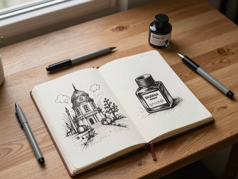 An overhead flat-lay of a wooden drafting table under soft window light, featuring open sketchbooks with detailed ink drawings, a bottle of India ink, and fine-liner pens.