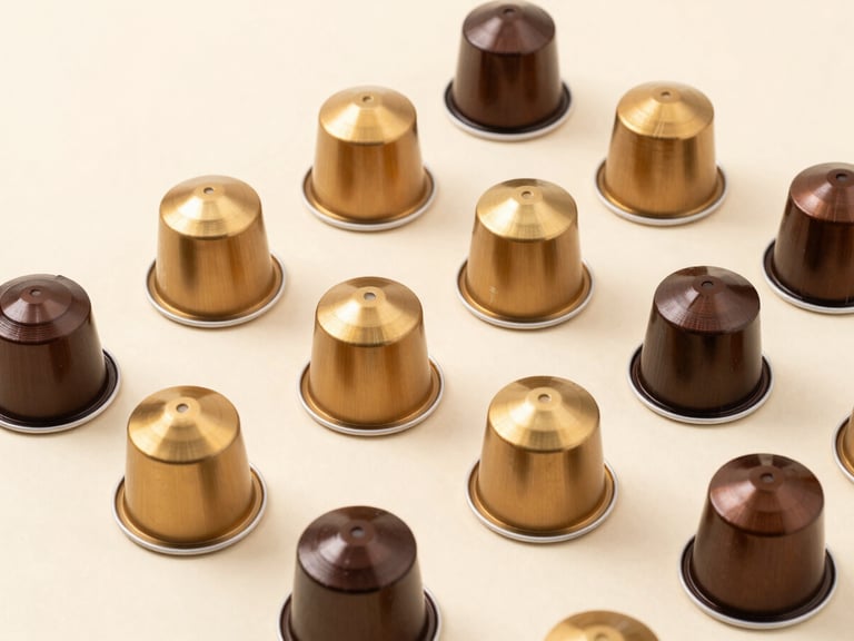 Overhead minimalist studio shot of neatly arranged coffee capsules in warm metallic gold and deep brown tones on a clean cream surface
