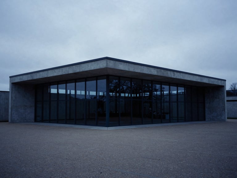 Wide angle architectural photograph of a modern concrete and glass pavilion in Luxembourg, cool overcast daylight, low-contrast shadows, deep blue and slate tones, minimalist composition, medium format film.