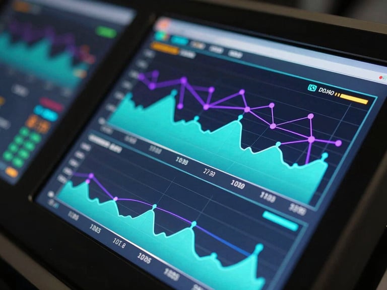 Close-up macro of a high-tech control dashboard with real-time data visualizations, glowing cyan charts, and purple network nodes on dark glass screens.