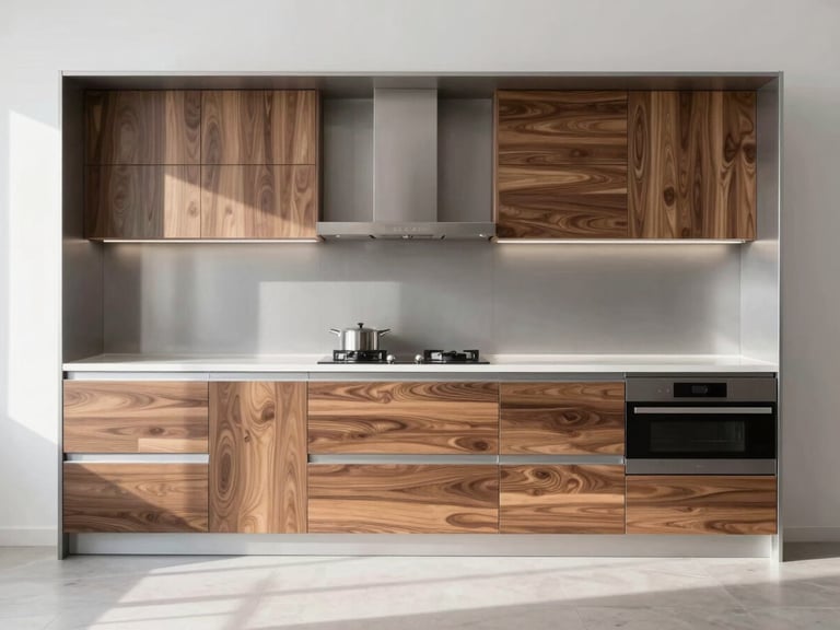 Sleek modular kitchen elevation, straight-on eye-level view, bright natural daylight, clean metallic and walnut wood textures, crisp architectural photography