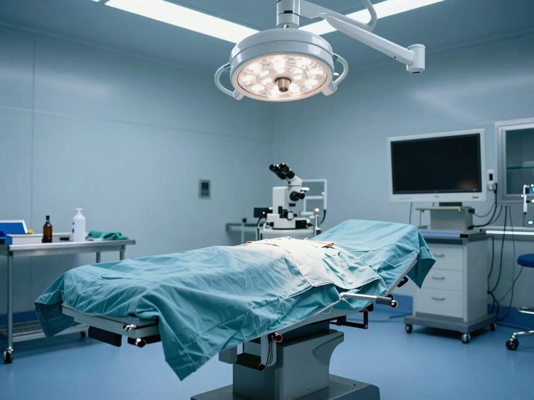 Wide environmental shot of an empty modern neurosurgical operating theatre in quiet preparation, cool blue clinical light, precise surgical microscope in the background