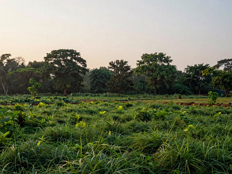 Wide panoramic view of a lush organic farm in India, dense green trees bordering quiet fields under a soft morning sky, expansive negative space.