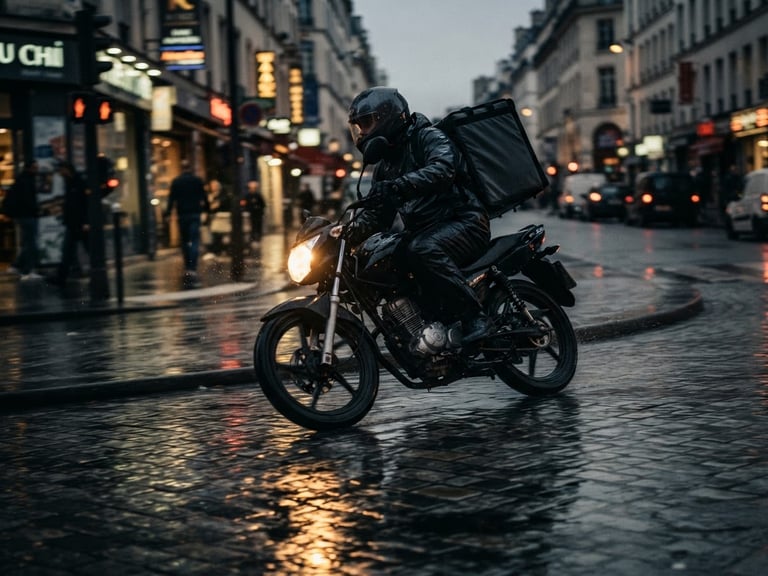 Dynamic low-angle shot of a delivery motorcycle speeding through wet city streets at dusk, golden headlight reflections, sharp focus, 35mm lens