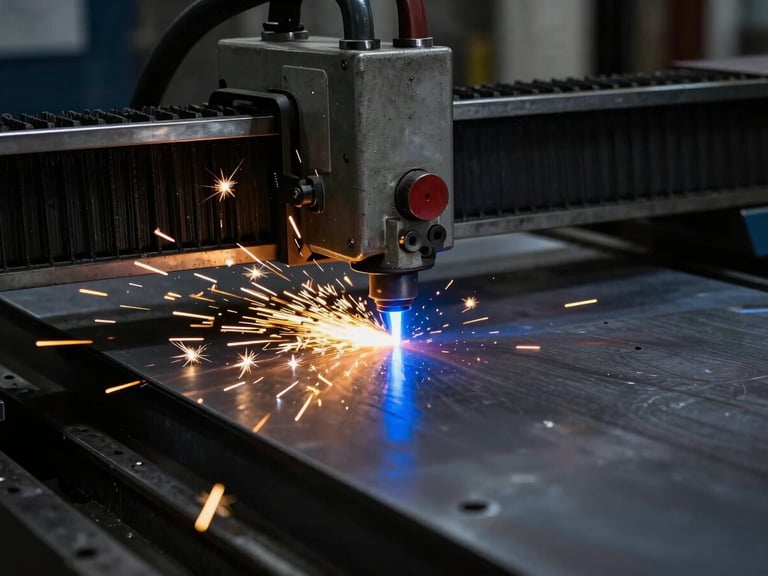 Dramatic industrial photography of a CNC plasma cutter in action, bright blue electric arc slicing through a thick steel plate, high-contrast low-key lighting, golden sparks flying in a dark workshop, sharp macro focus, 35mm