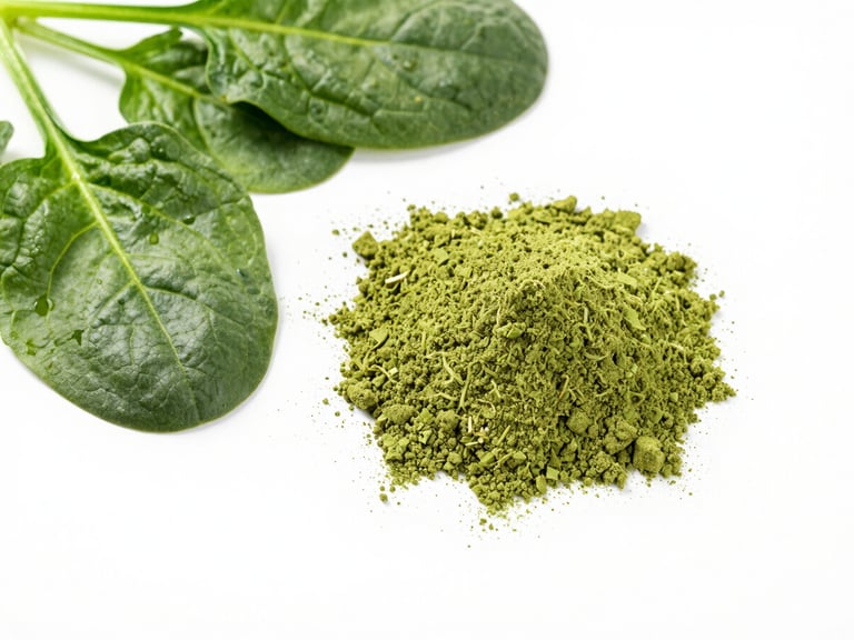 Overhead shot of bright green spinach powder next to fresh raw spinach leaves on a clean white background, high-key studio light, sharp focus