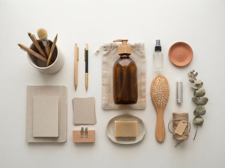 Overhead flat-lay of neatly organized stationery and natural household bottles on a clean white surface, bright diffused morning light, soft shadows, 50mm