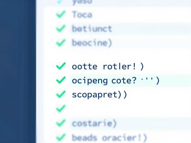 Close-up macro shot of a clean code editor interface with highlighted syntax and green checkmarks, soft blue glow, minimalist vector illustration, clean white background