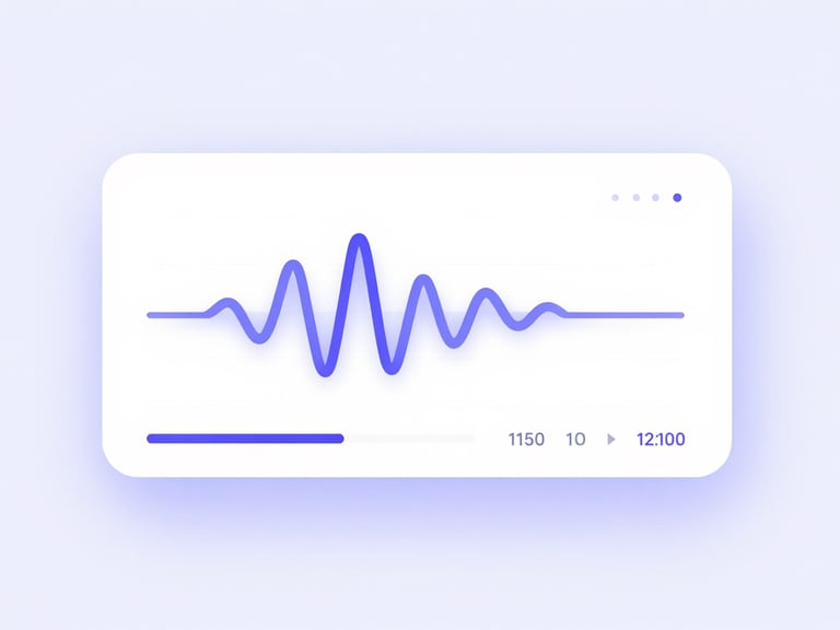 Minimalist vector illustration of a clean dashboard interface showing vocal pacing waves, feedback scores, and transcript highlights, soft violet background, clean white background