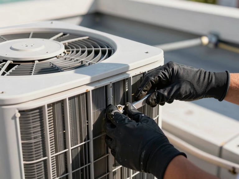 Extreme close-up of a technician's gloved hands inspecting dirty coil fins on a rooftop HVAC unit, harsh South Florida midday sun casting sharp shadows across the aluminum fins, refrigerant line visible in the right background