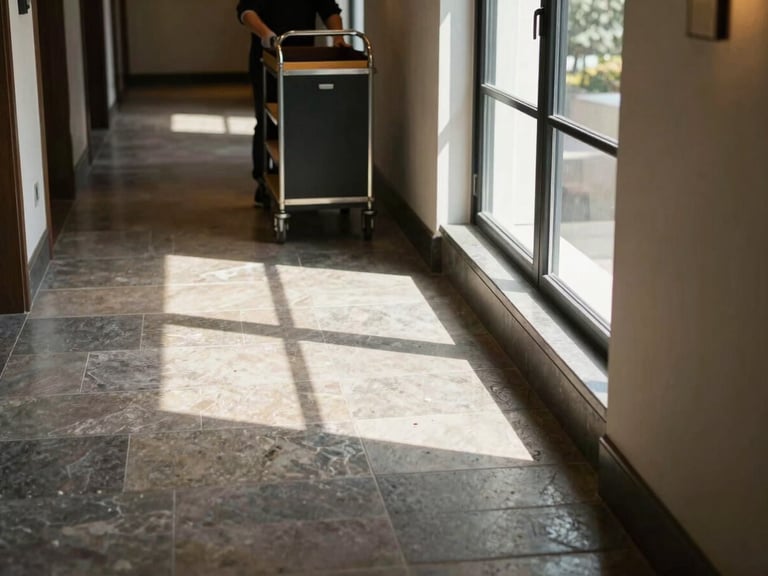 Interior hallway of a boutique hotel, natural window light falling across a polished stone floor, housekeeping cart partially visible at the far end, operational detail showing quality of daily management, no posed subjects