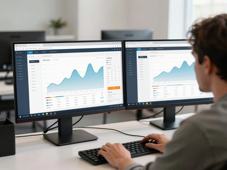 Wide over-shoulder view of a developer at a dual-monitor desk, left screen showing a live e-commerce dashboard with order graphs, bright neutral office light, sharp focus on the interface
