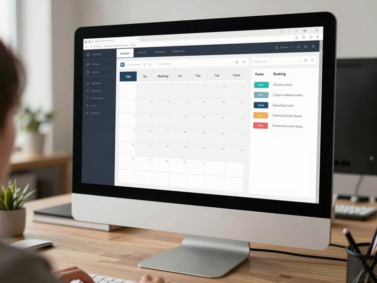 Full-screen view of a booking and scheduling web application on a desktop monitor in a clean office setting, calendar grid interface visible, neutral daylight, no people