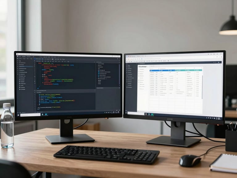 Wide desk shot of two monitors side by side in a clean office, both showing code and a project management board, neutral daylight from left, no people in frame, water bottle and notebook on desk