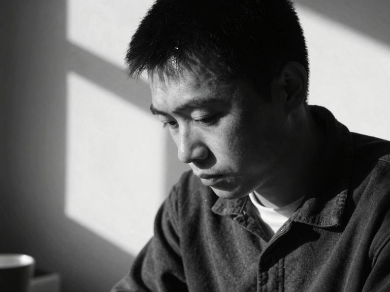 High-contrast black and white portrait of an artisan looking down, heavy shadows, natural light leak, film grain.