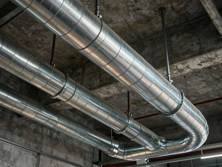Pristine industrial mechanical ducting layout suspended from a high concrete ceiling, dramatic low-key lighting, clean metallic reflections.