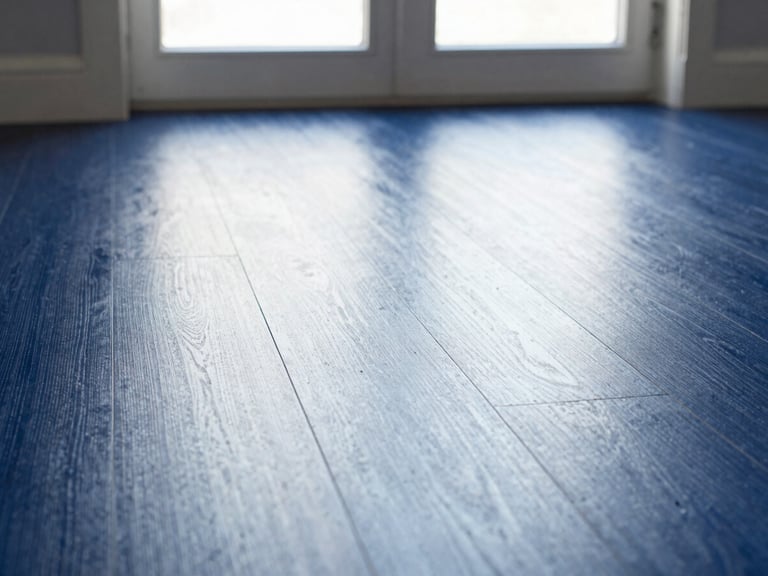 Close-up of a dust-free hardwood floor reflecting natural light from a window, clean lines, natural overcast daylight, crisp white and deep blue tones, sharp focus, 35mm