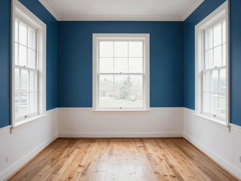 Empty, sunlit bedroom with freshly cleaned windows and polished wooden floors, subtle eco-friendly cleaning tools in background, straight-on architectural angle, natural overcast daylight, crisp white and deep blue tones, sharp focus, 35mm