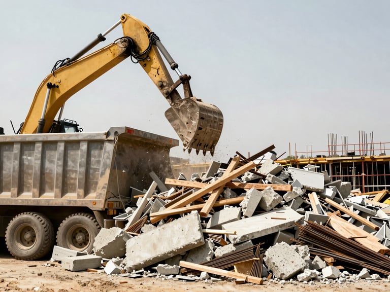 A pile of construction debris (concrete, rebar, wood) being loaded into a large dump truck by an excavator, harsh daylight, high contrast warm tones, sharp focus, 35mm, active construction site.