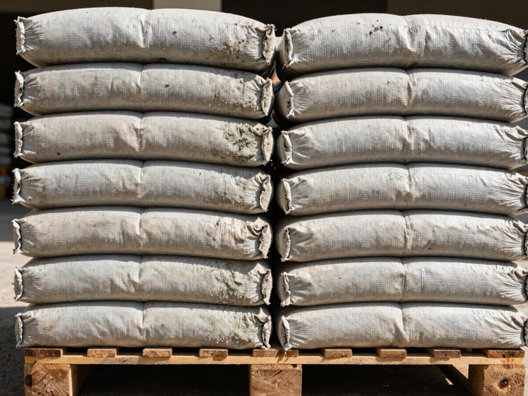 Symmetrically stacked bags of cement and mortar on a pallet, bright harsh daylight, high contrast warm tones, sharp focus, 35mm, gritty industrial photography