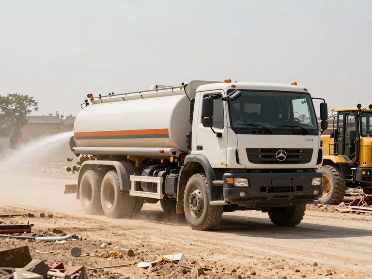 A large, industrial water truck spraying water on a dusty construction road, harsh daylight, high contrast warm tones, sharp focus, 35mm, heavy machinery in the background.