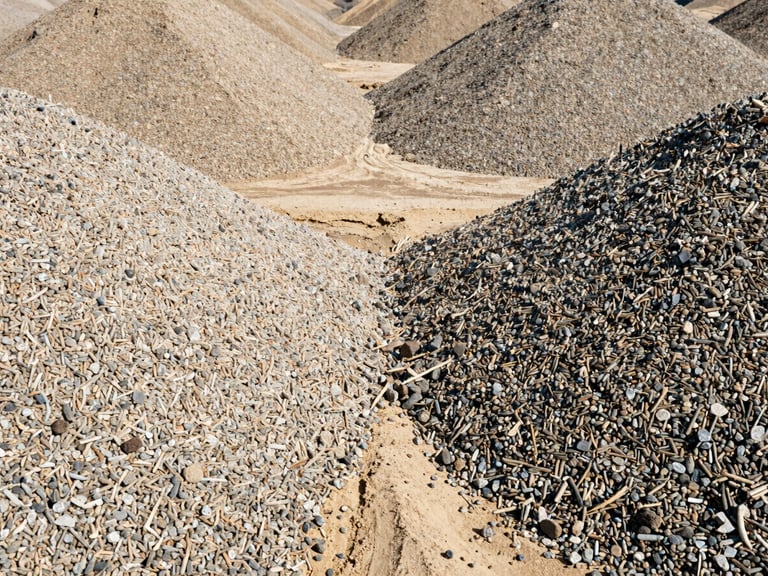 Symmetrically stacked piles of clean, uniform gravel and sand, bright harsh daylight, high contrast warm tones, sharp focus, 35mm, gritty industrial photography