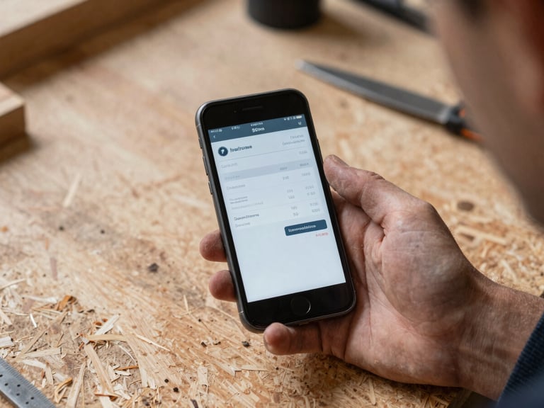 Tight first-person perspective of a carpenter's dusty hand holding a smartphone on a raw plywood workbench, high-contrast daylight, sharp focus on the mobile screen showing a clean invoice interface.