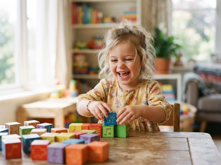 A child laughing while playing with colorful musical blocks, bright natural daylight, shallow depth of field, 35mm