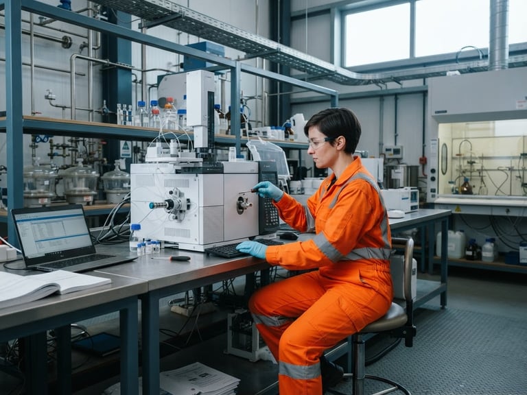 Crisp industrial photography, cool overcast daylight, a laboratory technician in high-visibility orange gear calibrating a gas chromatograph inside a steel-framed midstream laboratory, desaturated steel blues, 35mm lens.