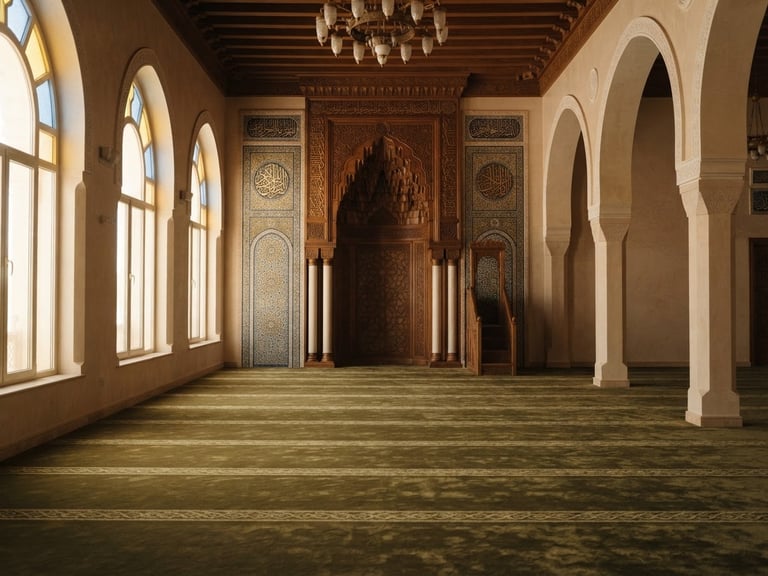 Warm architectural photography of a serene empty masjid interior, soft daylight filtering through arched windows onto an olive green carpet, geometric wooden mihrab, 35mm, no people.