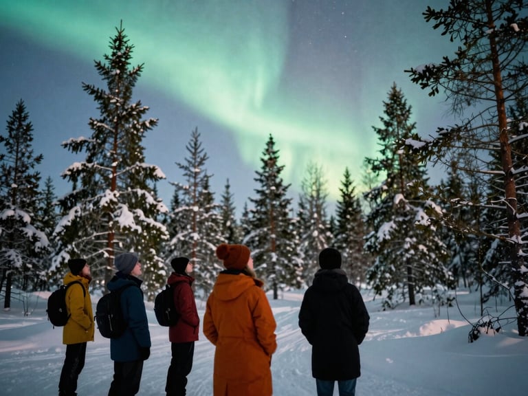 Group of students looking up at the vibrant green Northern Lights over a snow-covered Lapland forest, candid, 35mm film look