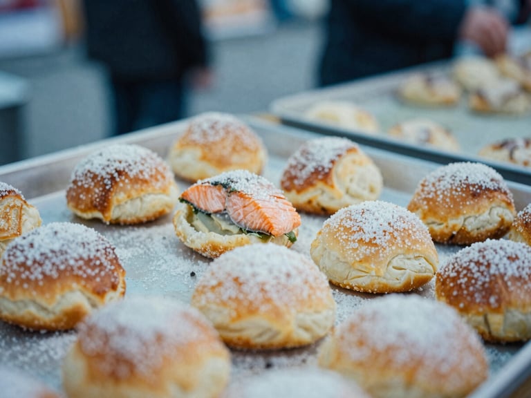 Close-up of a delicious, budget-friendly Finnish street food dish, perhaps a salmon soup or karjalanpiirakka, in a bustling market setting, candid.