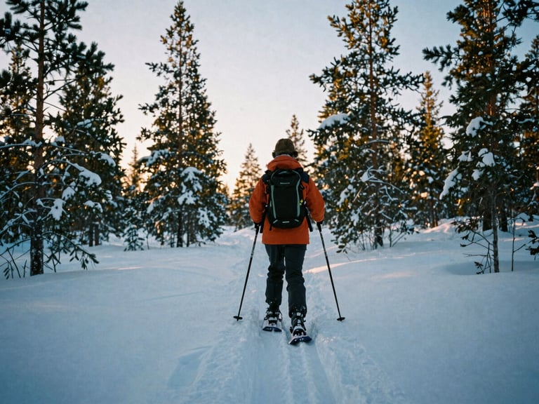 First-person perspective of a student snowshoeing through deep snow in a Lapland forest, low sun, warm pine tones, documentary travel photography, 35mm film look