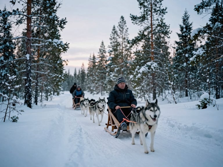 Candid shot of students on a husky sledding tour in a snow-covered Lapland forest, soft Nordic daylight, cool blue tones, 35mm film look