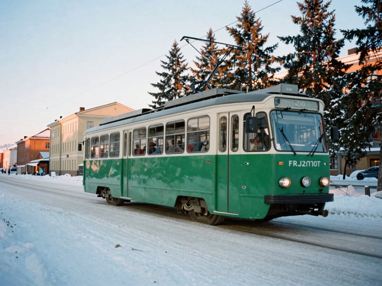 Wide-angle shot of a classic green Helsinki tram moving through snowy streets, blurred motion, cool blue and warm pine tones.