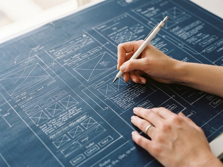 Close-up of hands sketching a website wireframe on a blueprint, bright natural daylight, high contrast navy and white tones, sharp focus, 35mm lens