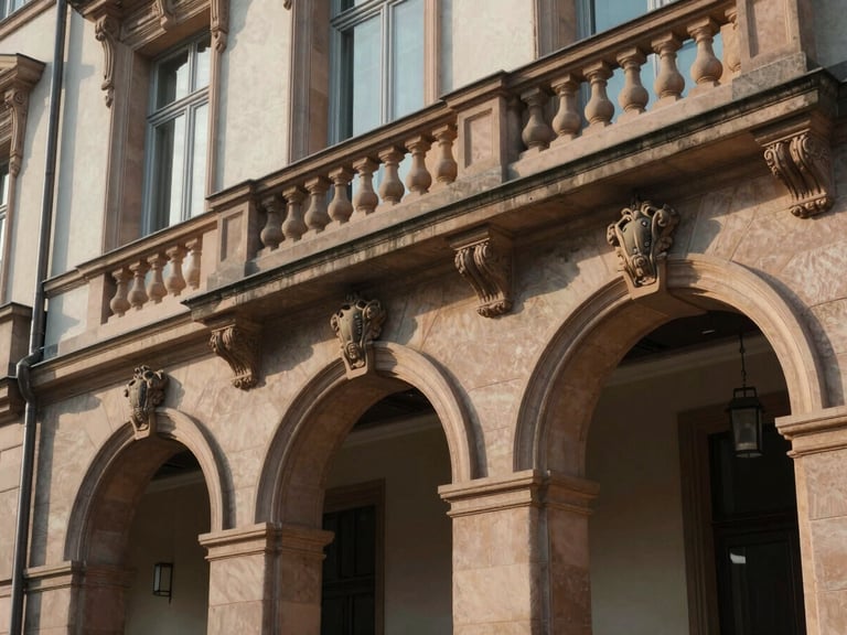 Close-up architectural elevation of a historic Frankfurt Westend villa facade, soft morning light playing on elegant stucco details and sandstone arches
