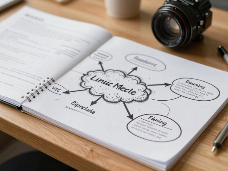 Macro shot of hand-drawn mind maps and organized study materials on a clean wooden desk, bright natural daylight, sharp focus.