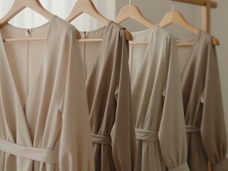 Close-up of elegant women's dresses hanging on a minimalist wooden rack, soft warm light illuminating fabric textures, 35mm photography
