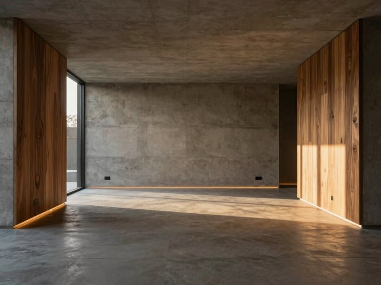 Wide symmetrical shot of a luxury minimalist concrete and walnut living room at dusk, warm gold light emanating from hidden baseboard channels, no visible switches, shadows casting long geometric lines.