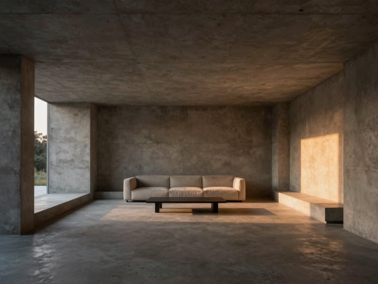 Wide symmetrical shot of a minimalist concrete living room at twilight, indirect warm lighting hidden behind architectural coves, casting long soft shadows