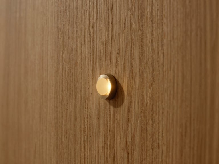 Extreme close-up of a seamless warm oak wall panel with an integrated, completely flush invisible sensor glowing with a micro warm gold light indicator, cinematic shadow