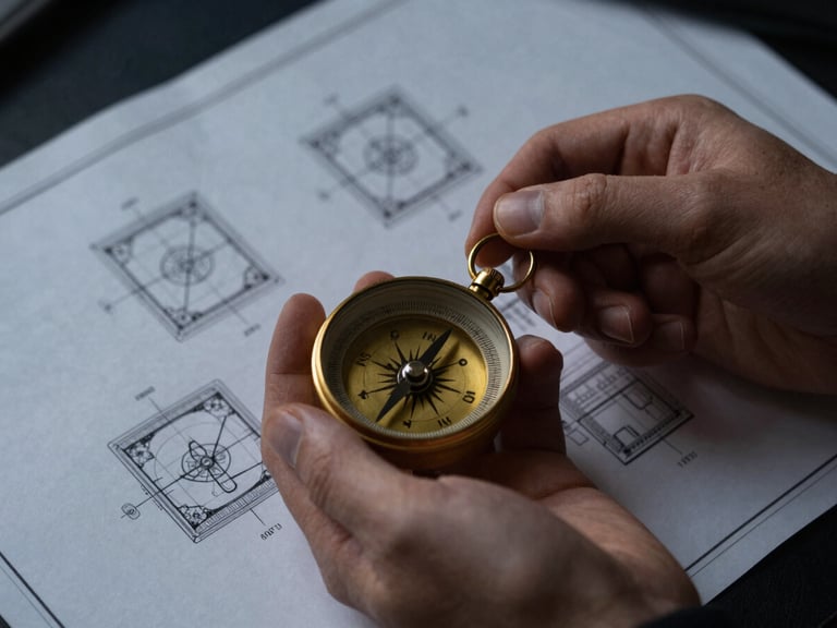 Close-up of hands holding an ancient compass over a clean, modern blueprint, soft golden lighting, moody editorial focus.