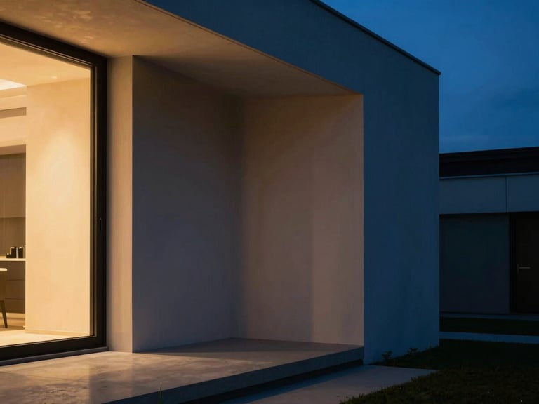 Clean architectural lines of a modern minimalist home interior at dusk, warm light glowing from a single window, deep blue hour shadows, high contrast.