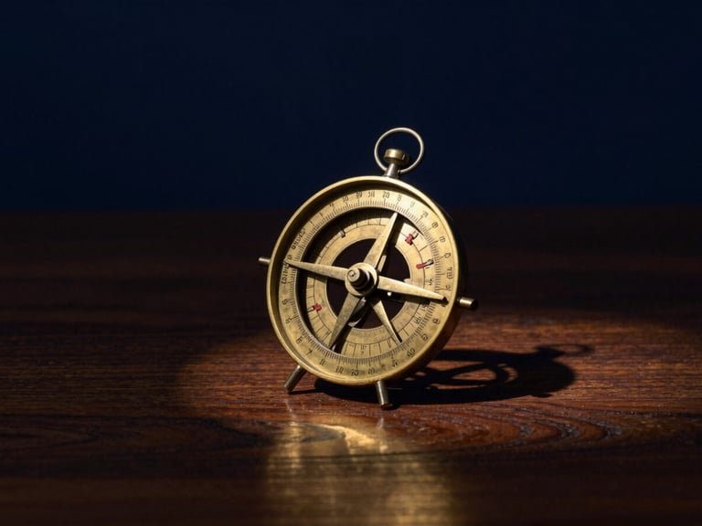 An antique brass astrolabe resting on a dark wooden table, single warm light source casting long shadows, deep navy background, moody editorial style.