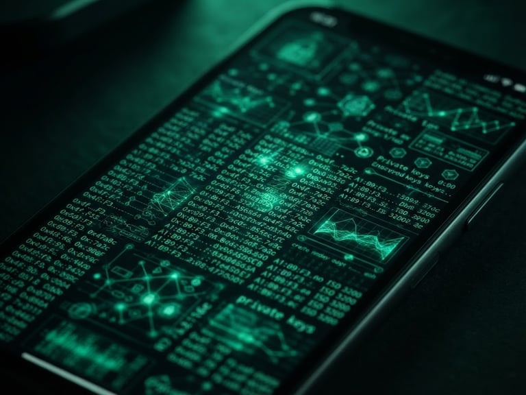 Dark editorial tech photography, close-up of a high-end mobile screen displaying complex cryptographic security keys, low-key dramatic emerald lighting.