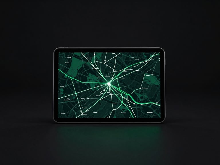 Minimalist dark workspace with a developer analyzing real-time logistics route maps on a high-resolution Android tablet, subtle green rim-lights.