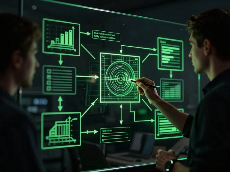 A developer collaborating over clean architectural diagrams on a glass board, dramatic low-key lighting with sharp green rim-lights, high contrast editorial tech photography