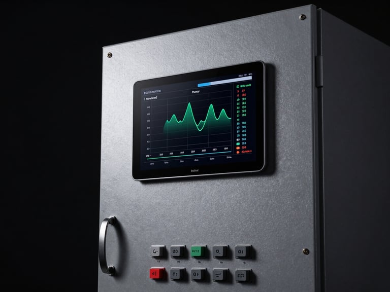 Close-up of a sleek aluminum industrial control panel next to an Android tablet displaying real-time telemetry graphs, dramatic high-contrast studio lighting.